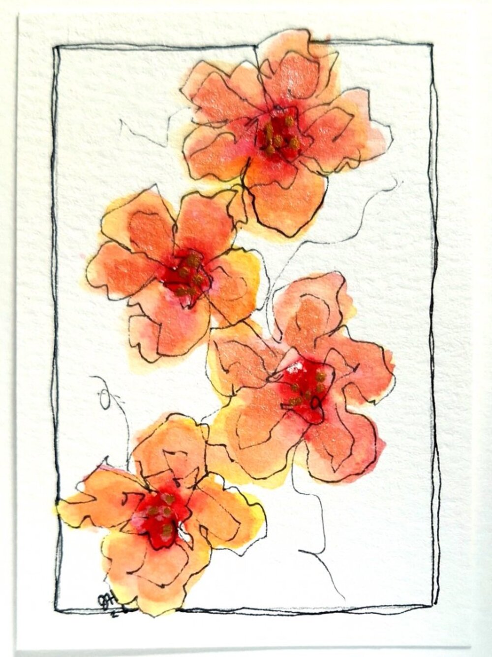 ACEO Watercolor ORIGINAL Floral Gold/Red Tones   Ships Free